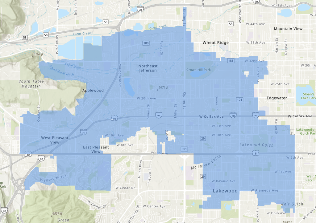 This map displays the boundaries of the Consolidated Mutual Water Company’s service area. It includes neighborhoods such as Applewood, portions of Lakewood and Wheat Ridge, marked by Clear Creek to the north and with streets such as 32nd Avenue, Pierce St, Sheridan Blvd, W Alameda Ave., and W 6th Ave.